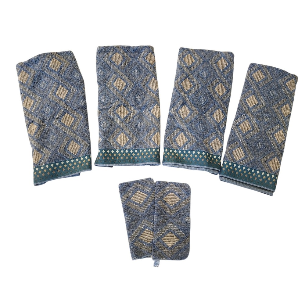 Vintage Royal Velvet Fieldcrest Blue Diamond Towel Set 4 Bath 2 Washcloths USA